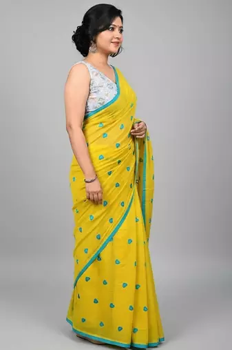 Yellow fancy cotton handloom saree with blouse piece for women