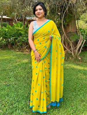 Yellow fancy cotton handloom saree with blouse piece for women 4