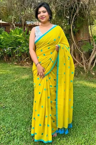 Yellow fancy cotton handloom saree with blouse piece for women