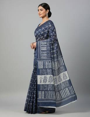 Blue fancy cotton handloom saree with blouse piece for women 2