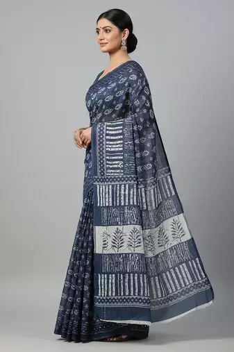Blue fancy cotton handloom saree with blouse piece for women