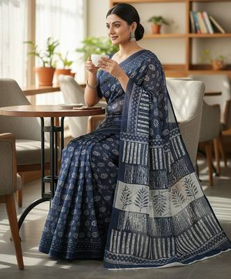 Blue fancy cotton handloom saree with blouse piece for women 3