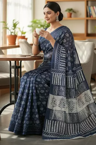 Blue fancy cotton handloom saree with blouse piece for women