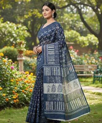 Blue fancy cotton handloom saree with blouse piece for women 1
