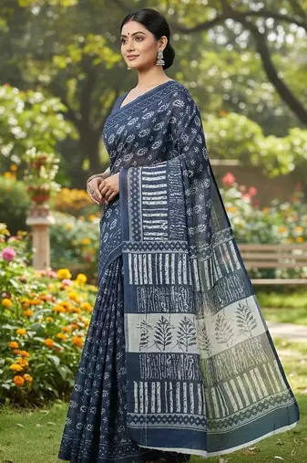 Blue fancy cotton handloom saree with blouse piece for women