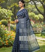 Blue fancy cotton handloom saree with blouse piece for women
