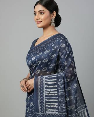 Blue fancy cotton handloom saree with blouse piece for women 4