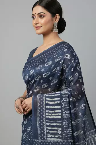 Blue fancy cotton handloom saree with blouse piece for women