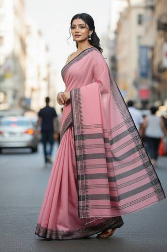 Pink fancy cotton handloom saree with blouse piece for women