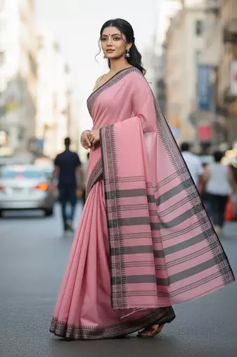Pink fancy cotton handloom saree with blouse piece for women