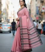 Pink fancy cotton handloom saree with blouse piece for women
