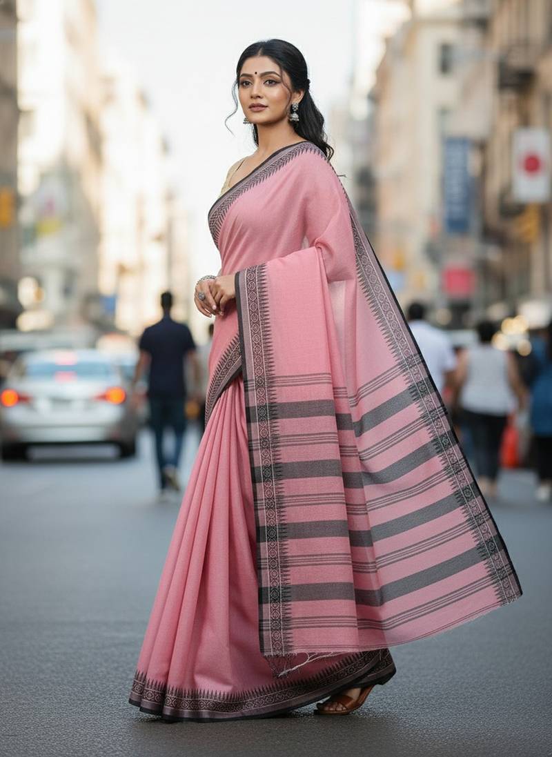 Pink fancy cotton handloom saree with blouse piece for women