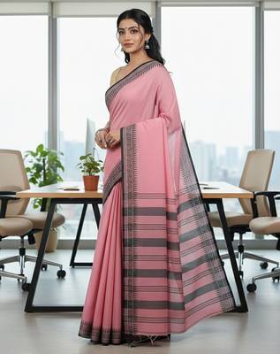 Pink fancy cotton handloom saree with blouse piece for women 2