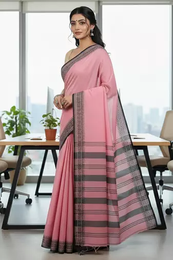 Pink fancy cotton handloom saree with blouse piece for women