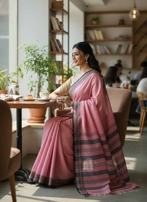 Pink fancy cotton handloom saree with blouse piece for women 3