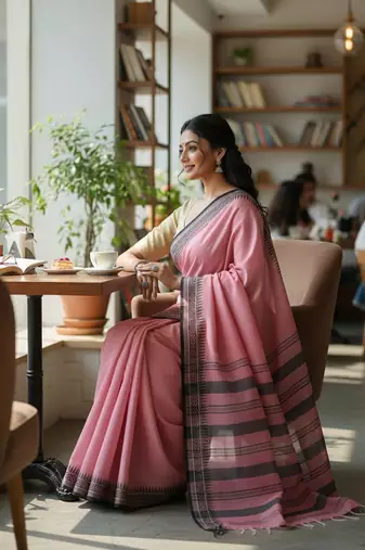 Pink fancy cotton handloom saree with blouse piece for women