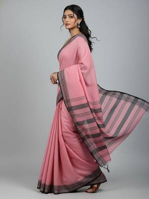 Pink fancy cotton handloom saree with blouse piece for women 4