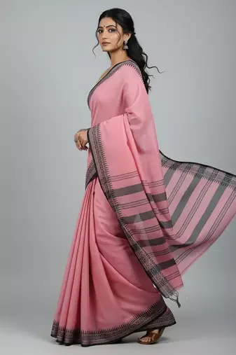 Pink fancy cotton handloom saree with blouse piece for women