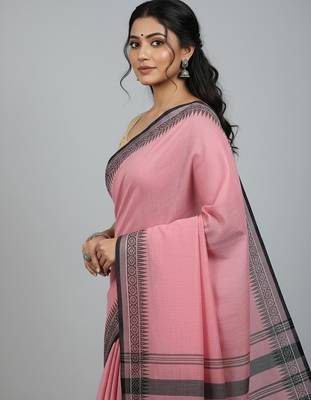 Pink fancy cotton handloom saree with blouse piece for women 5