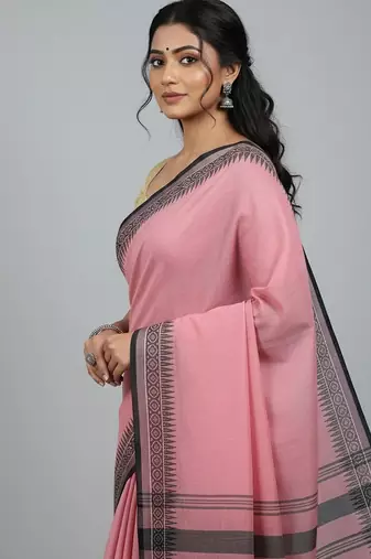 Pink fancy cotton handloom saree with blouse piece for women