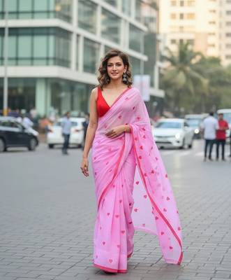 Pink fancy cotton handloom saree with blouse piece for women 1