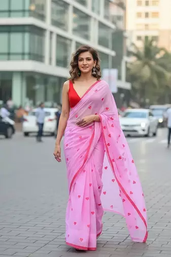 Pink fancy cotton handloom saree with blouse piece for women