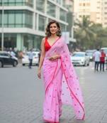 Pink fancy cotton handloom saree with blouse piece for women