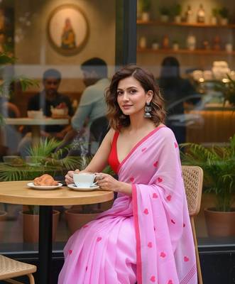 Pink fancy cotton handloom saree with blouse piece for women 2