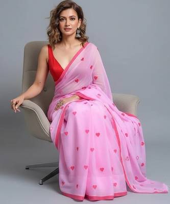 Pink fancy cotton handloom saree with blouse piece for women 3