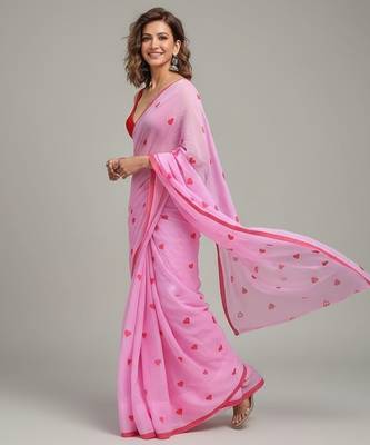 Pink fancy cotton handloom saree with blouse piece for women 4