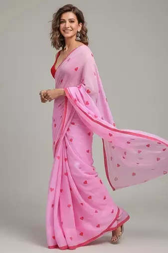 Pink fancy cotton handloom saree with blouse piece for women