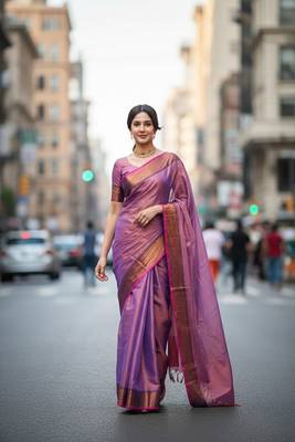 Purple fancy cotton handloom saree with blouse piece for women 1