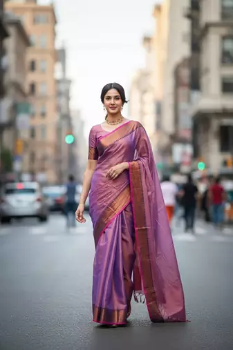 Purple fancy cotton handloom saree with blouse piece for women
