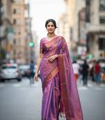 Purple fancy cotton handloom saree with blouse piece for women
