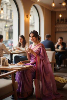 Purple fancy cotton handloom saree with blouse piece for women 2
