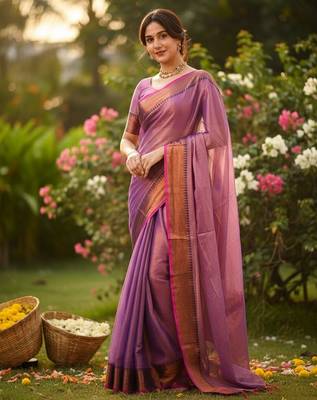 Purple fancy cotton handloom saree with blouse piece for women 3