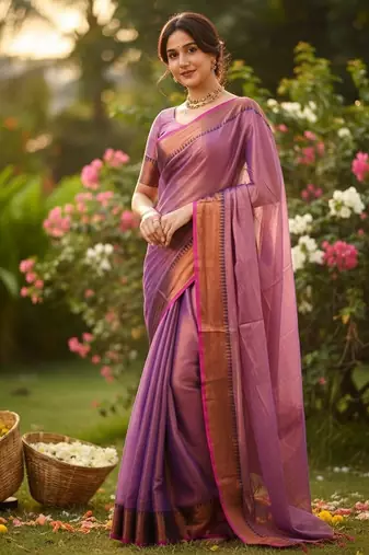 Purple fancy cotton handloom saree with blouse piece for women