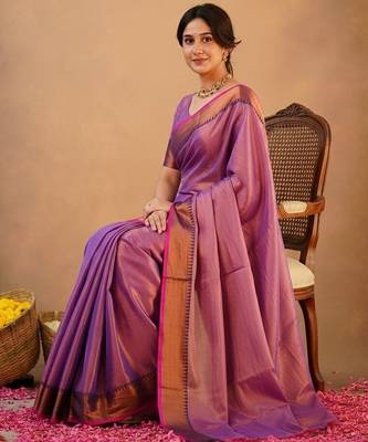 Purple fancy cotton handloom saree with blouse piece for women 4