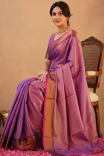 Purple fancy cotton handloom saree with blouse piece for women