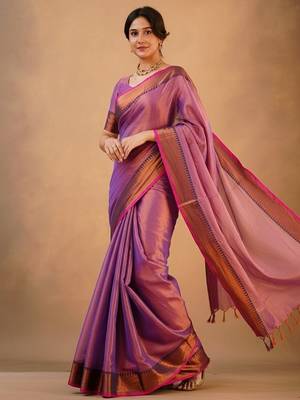 Purple fancy cotton handloom saree with blouse piece for women 5