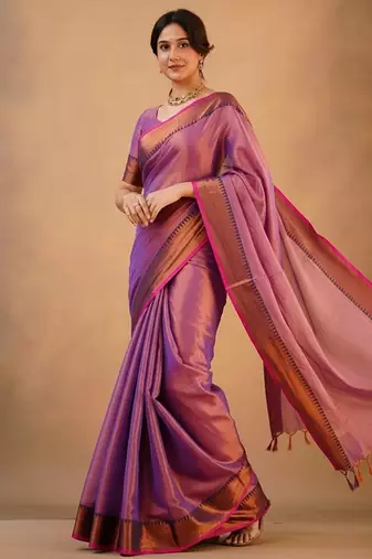 Purple fancy cotton handloom saree with blouse piece for women