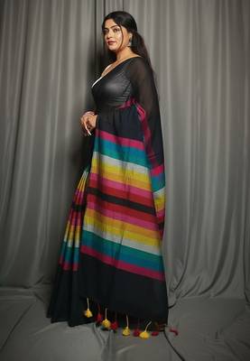 Rainbow fancy cotton handloom saree with blouse piece for women 1