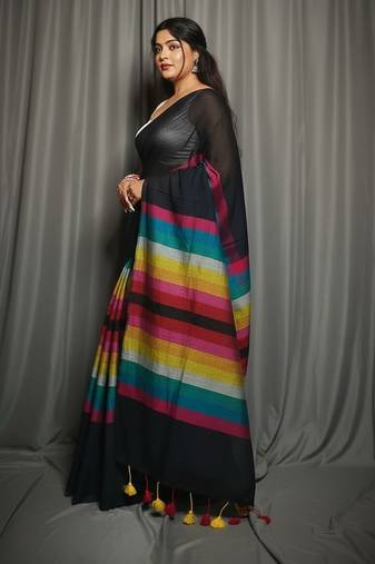 Rainbow fancy cotton handloom saree with blouse piece for women