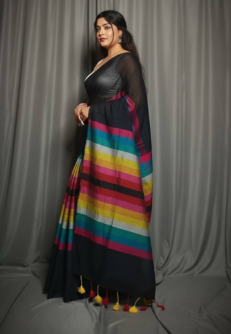 Rainbow fancy cotton handloom saree with blouse piece for women