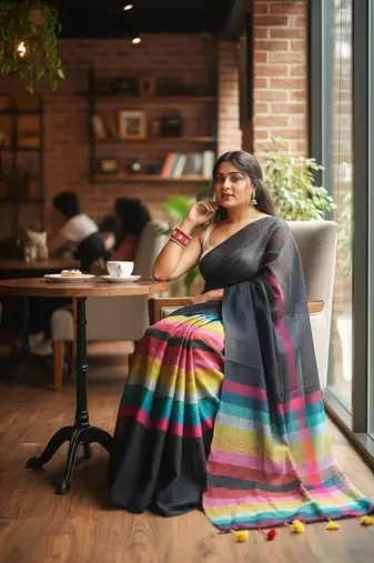 Rainbow fancy cotton handloom saree with blouse piece for women