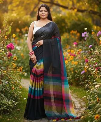 Rainbow fancy cotton handloom saree with blouse piece for women 3