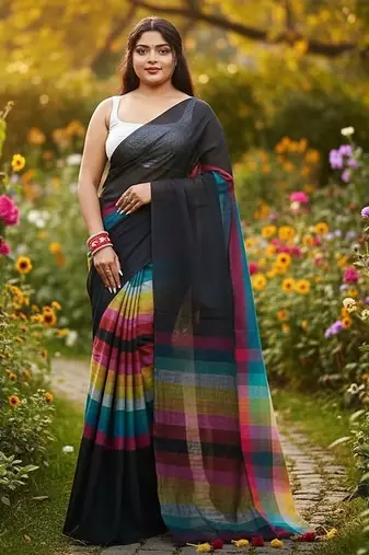 Rainbow fancy cotton handloom saree with blouse piece for women