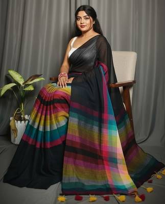 Rainbow fancy cotton handloom saree with blouse piece for women 4