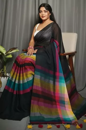 Rainbow fancy cotton handloom saree with blouse piece for women