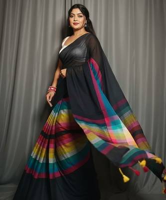 Rainbow fancy cotton handloom saree with blouse piece for women 5